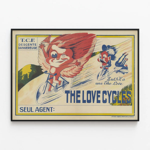 Vintage poster The Love Cycles - Dangerous descent by bicycle — framed artwork on a wall