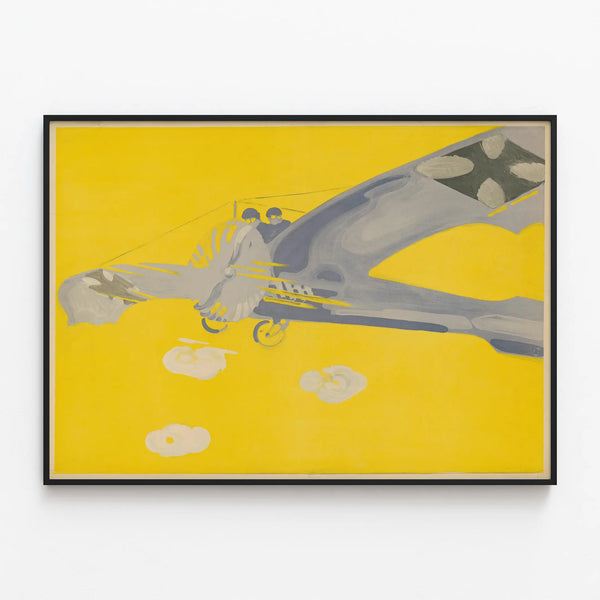 Poster of a Military Biplane with Two Seats on a Yellow Background — framed artwork on a wall